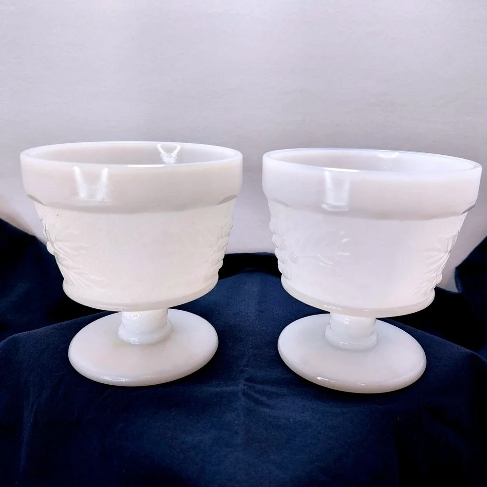 (2) ANCHOR HOCKING Footed Milk Glass Grape & Leaf Sherbet Ice Cream Dessert Cups